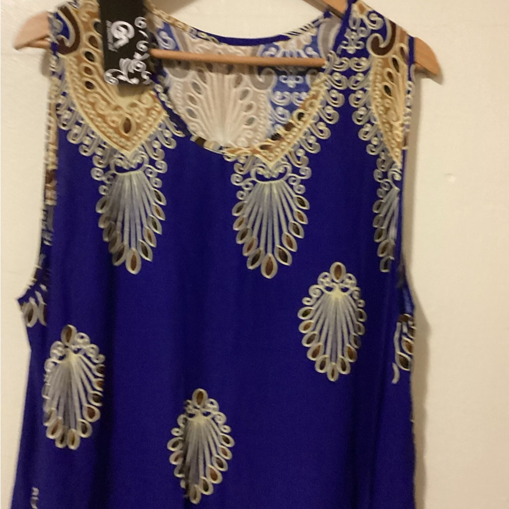 GM Fashion Sleeveless Blue Patterned Dress p2p~22” length: 50” with Pockets - Picture 3 of 10
